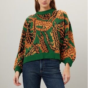 Farm Rio Green and Orange Patterned Women's Sweater